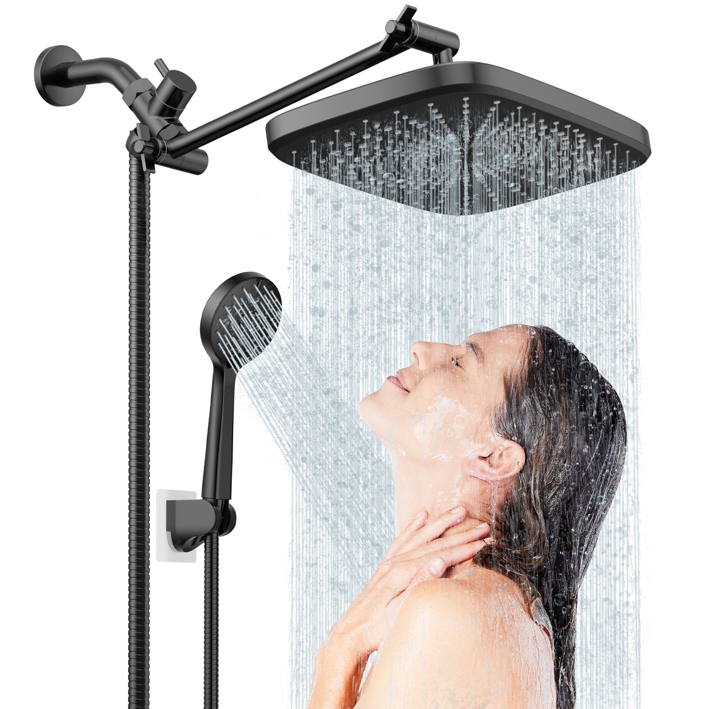 KINGTACK Shower Head Combo, 12 Inch Rain Shower Head with Adjustable Extension Arm and 5 Spray Filtered Shower Head, Black