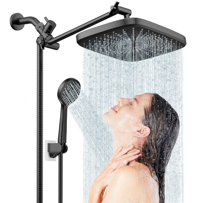 KINGTACK Shower Head Combo, 12 Inch Rain Shower Head with Adjustable Extension Arm and 5 Spray Filtered Shower Head, Black