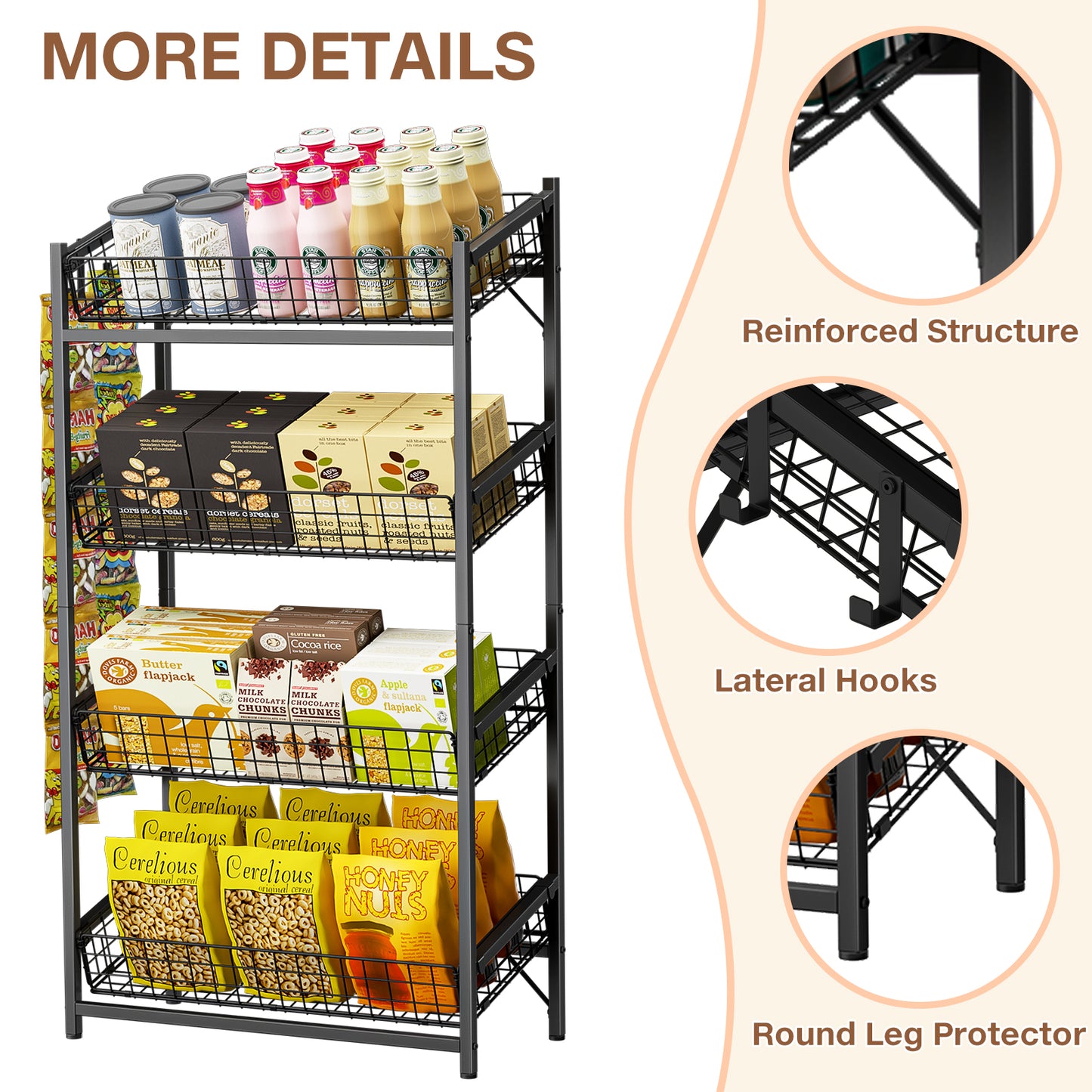 Flycity 4 Tier Retail Display Shelf, Snack Organizer with 2 Hooks, Candy Organizer for Bedroom, Metal Wire Basket, Fruit Basket for Kitchen (13.8"D x 29.1"W x 54.3"H)