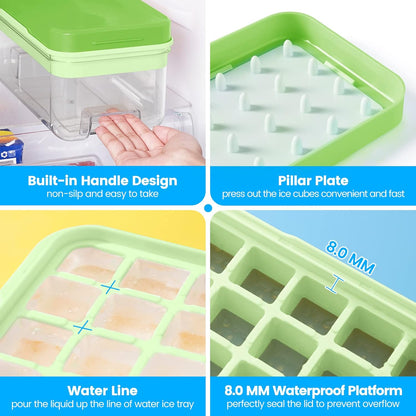KINGTACK Ice Cube Tray with Lid and Bin, 32 pcs Ice Cubes Molds, Ice Trays for Freezer, with 1 tray, Ice Freezer Container, Spill-Resistant Removable Lid & Ice Scoop, for Whiskey,Cocktail, Green