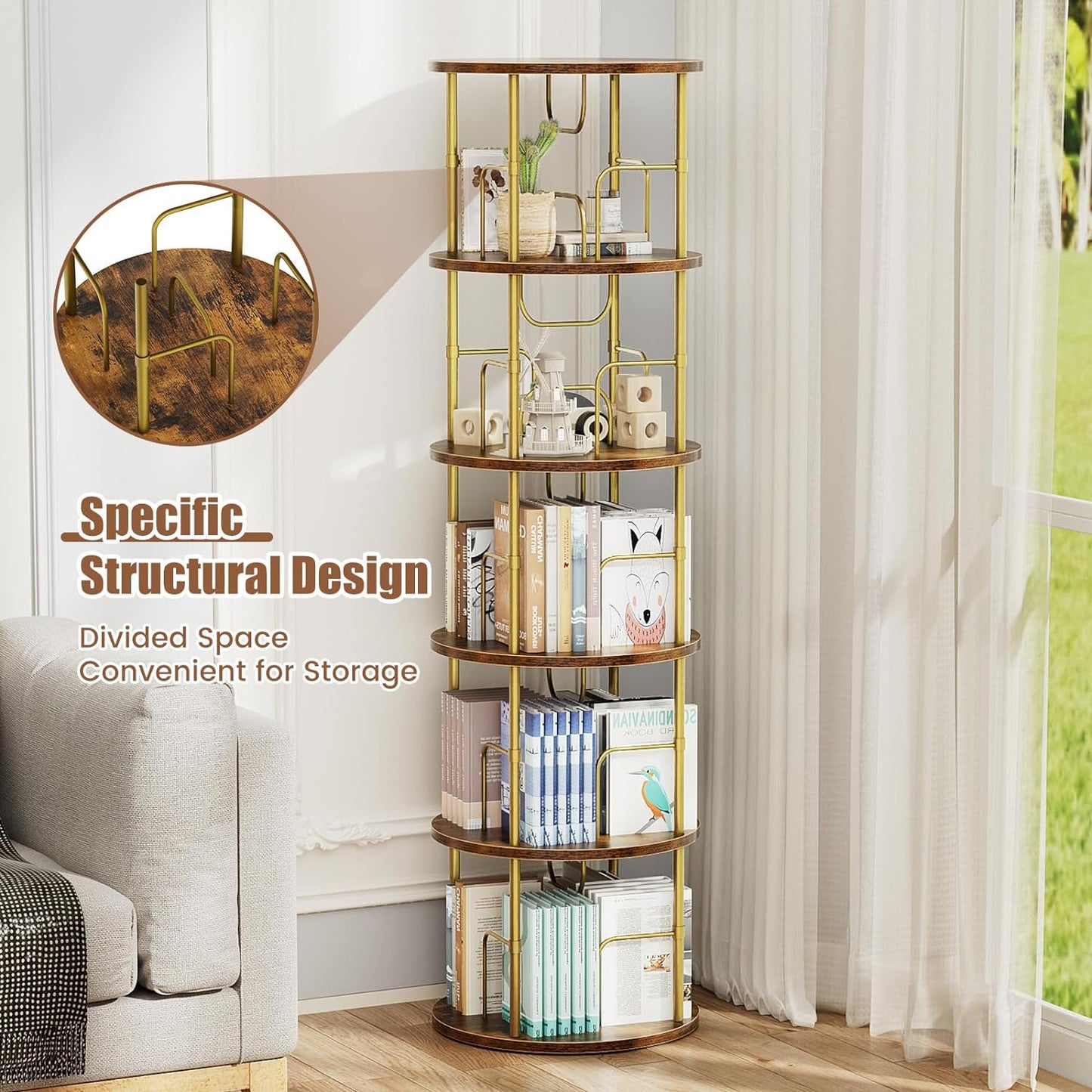 Flycity 5 Tier Rotating Bookshelf, 360° Display Rotating Bookcase Corner Storage Rack with Special Visible Partition Storage, Gold