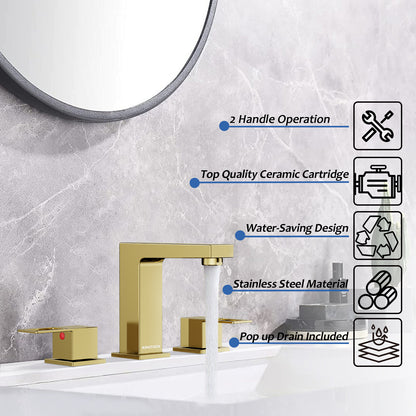KINGTACK Bathroom Faucet for Sink 3 Hole, 8 inch Brushed Gold Bathroom Faucet with Pop Up Drain, 2 Handle Vanity Faucet with Water Supply Hoses