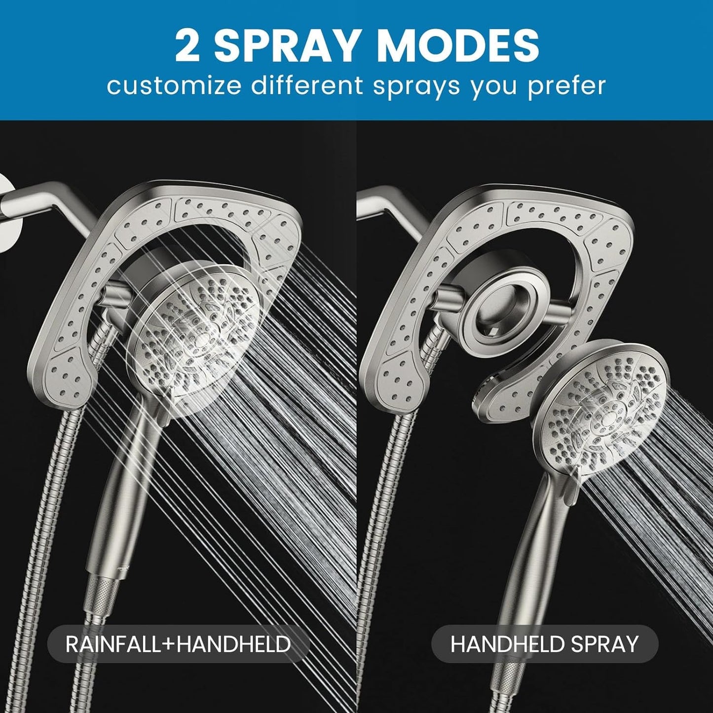 KINGTACK High Pressure Shower Heads, 7.2Inch 2 in 1 Rainfall Shower head & Handheld Showers with Magnetic Docking System, 10-Setting Handheld Shower Head with 59" Rotatable Stainless Steel Hose