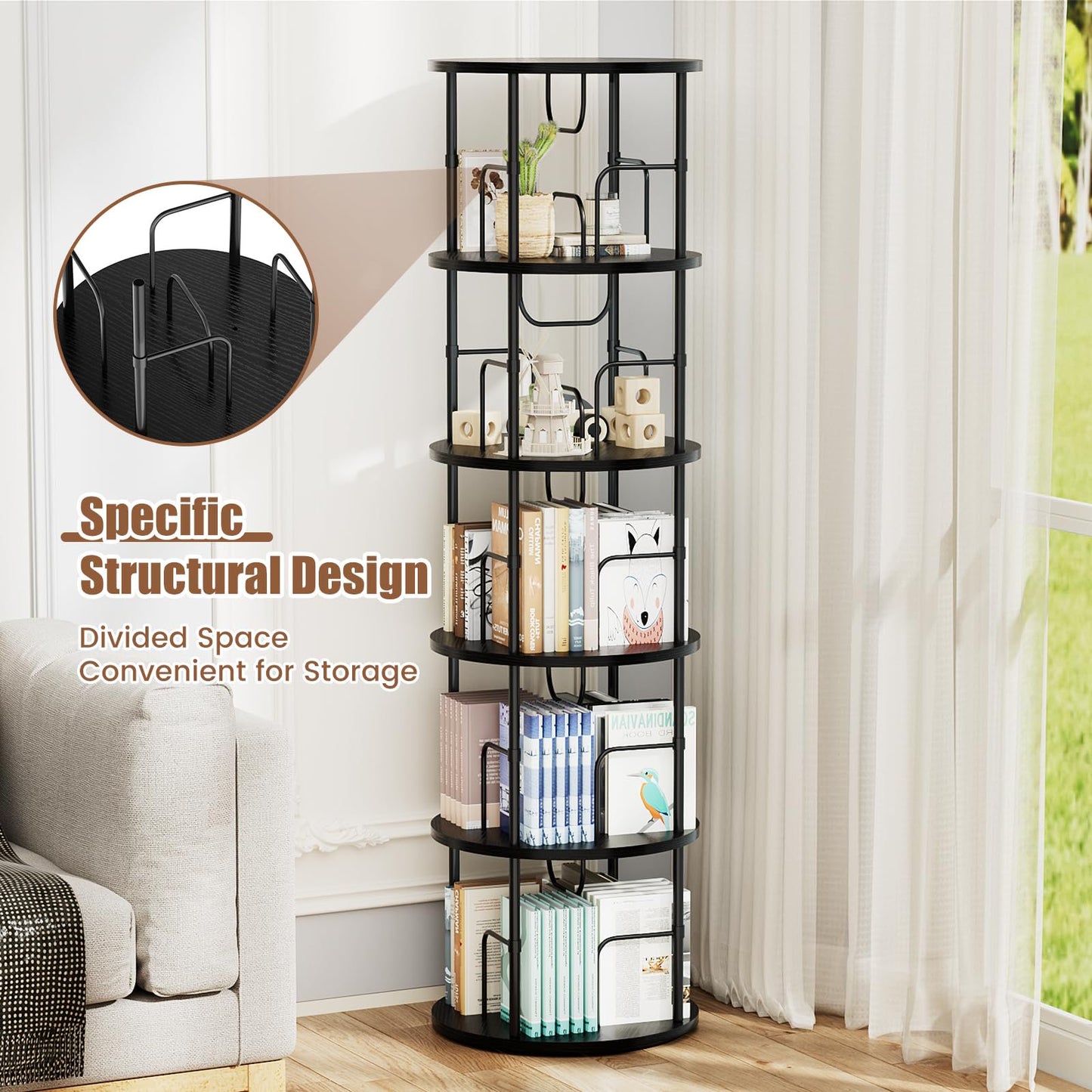 Flycity 5 Tier Rotating Bookshelf, 360° Display Rotating Bookcase Corner Storage Rack with Special Visible Partition Storage, Black