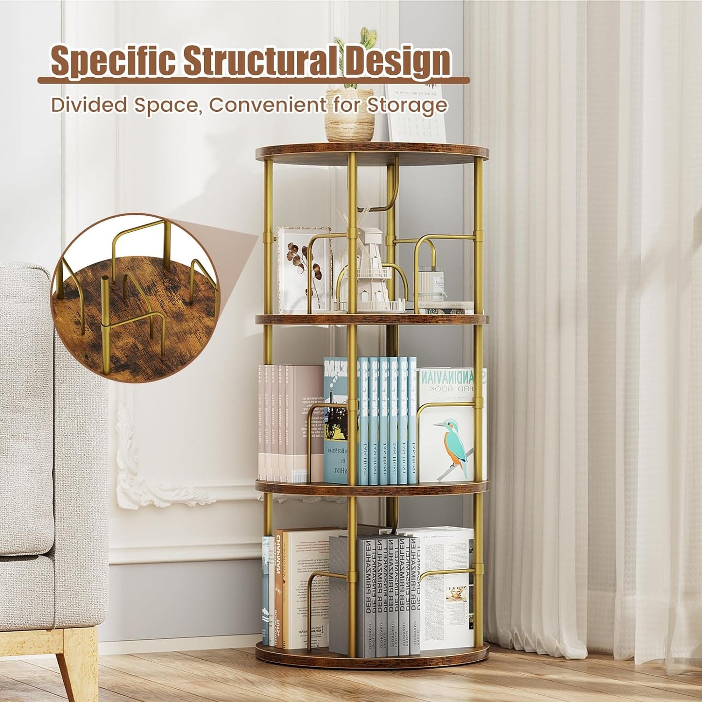 Flycity 3 Tier Rotating Bookshelf, 360° Display Rotating Bookcase Corner Storage Rack with Special Visible Partition Storage, Gold