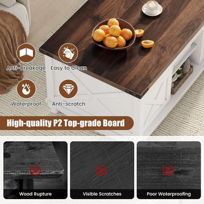 Flycity 48" Farmhouse Lift Top Coffee Table with Storage Sliding Barn Door, Lifting Tabletop Rustic Center Table with Large Hidden Compartment for Living Room, White & Brown