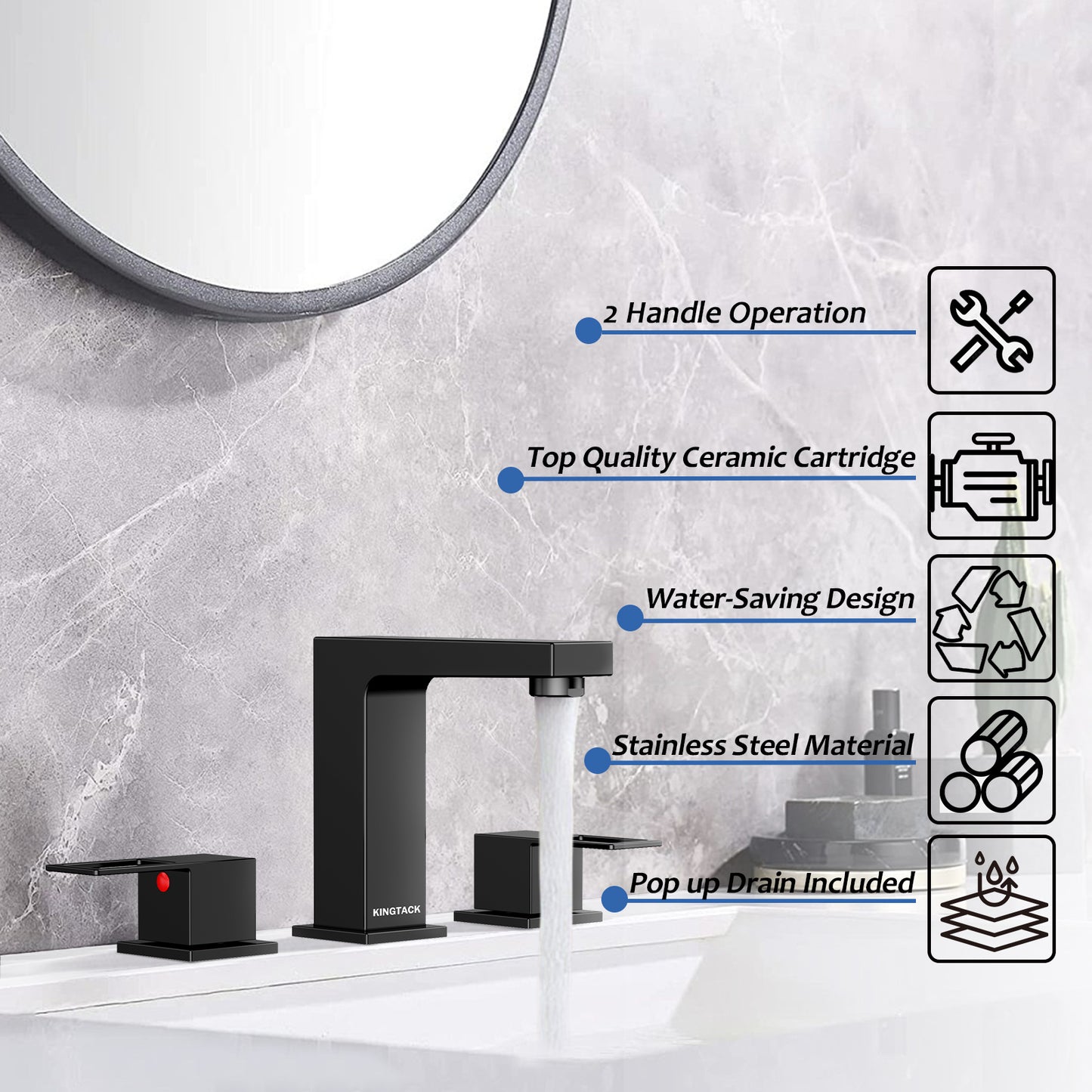 KINGTACK Matte Black Bathroom Faucet 3 Hole, 8 inch Widespread Bathroom Faucet with Pop Up Drain, 2 Handle Vanity Faucet with Water Supply Hoses