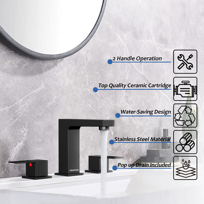 KINGTACK Matte Black Bathroom Faucet 3 Hole, 8 inch Widespread Bathroom Faucet with Pop Up Drain, 2 Handle Vanity Faucet with Water Supply Hoses