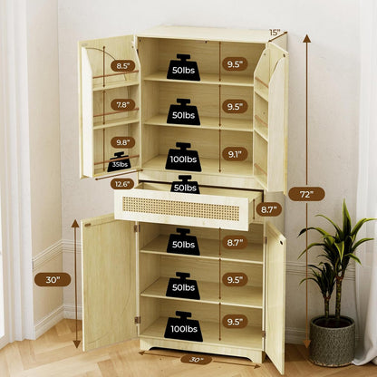 Flycity 72" Tall Kitchen Pantry, Rattan Pantry Cabinet, Storage Cabinet with Doors and Shelves for Kitchen Dining Living Room, 72" H x 15.8" W x 30" D