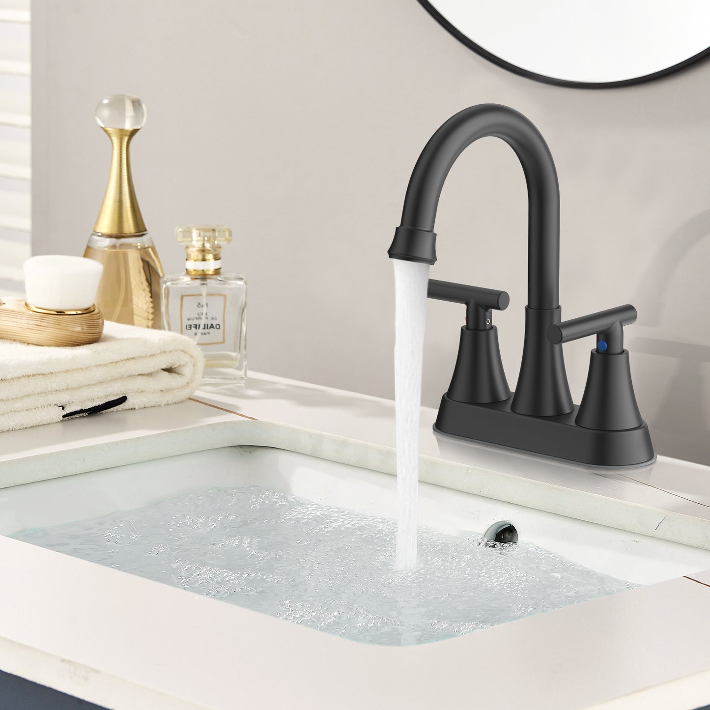 KINGTACK Bathroom Faucets 4 Inch Matte Black Bathroom Sink Faucet, Stainless Steel Lead-Free 2-Handle Centerset Faucet with Pop-up Drain and 2 Supply Hoses Fits 2 or 3-hole Sink