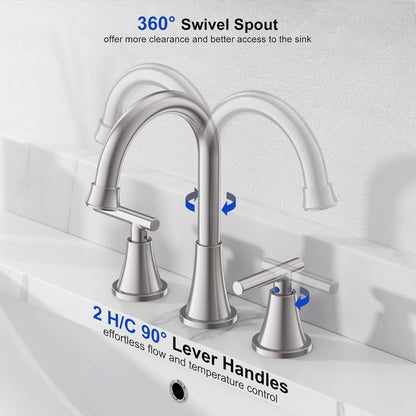 KINGTACK Bathroom Sink Faucet, Brushed Nickel Bathroom Faucets with Pop-up Drain and Supply Lines, Stainless Steel Lead-Free Widespread Faucet for Bathroom Sink Vanity RV Farmhouse Sink, 2 Pack