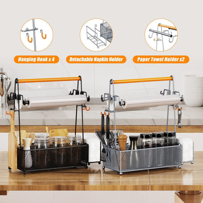 Flycity Utensil Caddy, Silverware Caddy Condiment Caddy, Utensil Holder for Party, Picnic Flatware caddy with Handle and Paper Towel Roll Holders, Utensil Cutlery Caddy for Camping, Kitchen(Silver)