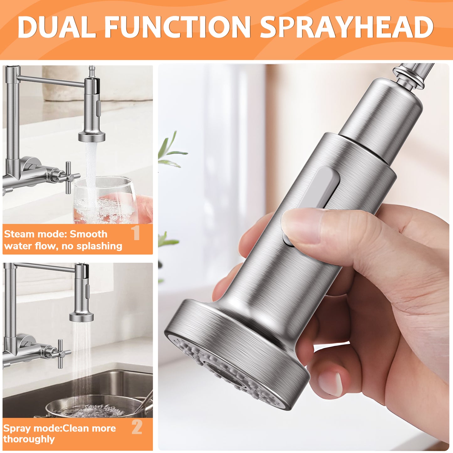 KINGTACK Wall Mount Kitchen Faucet,8 inch Commercial Sink Faucet with Sprayer, Dual Handles Utility Sink Faucet for Kitchen Laundry Restaurant,Stainless Steel