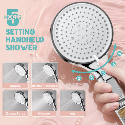 KINGTACK Shower Head with Handheld, 5 Spray Mode High Pressure Handheld Shower Heads, Remove Chlorine - Reduces Dry Itchy Skin, Chrome