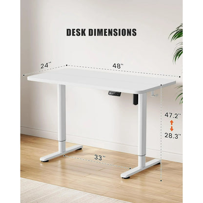 Flycity Electric Standing Desk Adjustable Height Stand Up Desk, 48" x 24" Sit Stand Desk, Low Noise Home Office Desk, Computer Desk with Splice Board, Child Lock & Memory Function, White