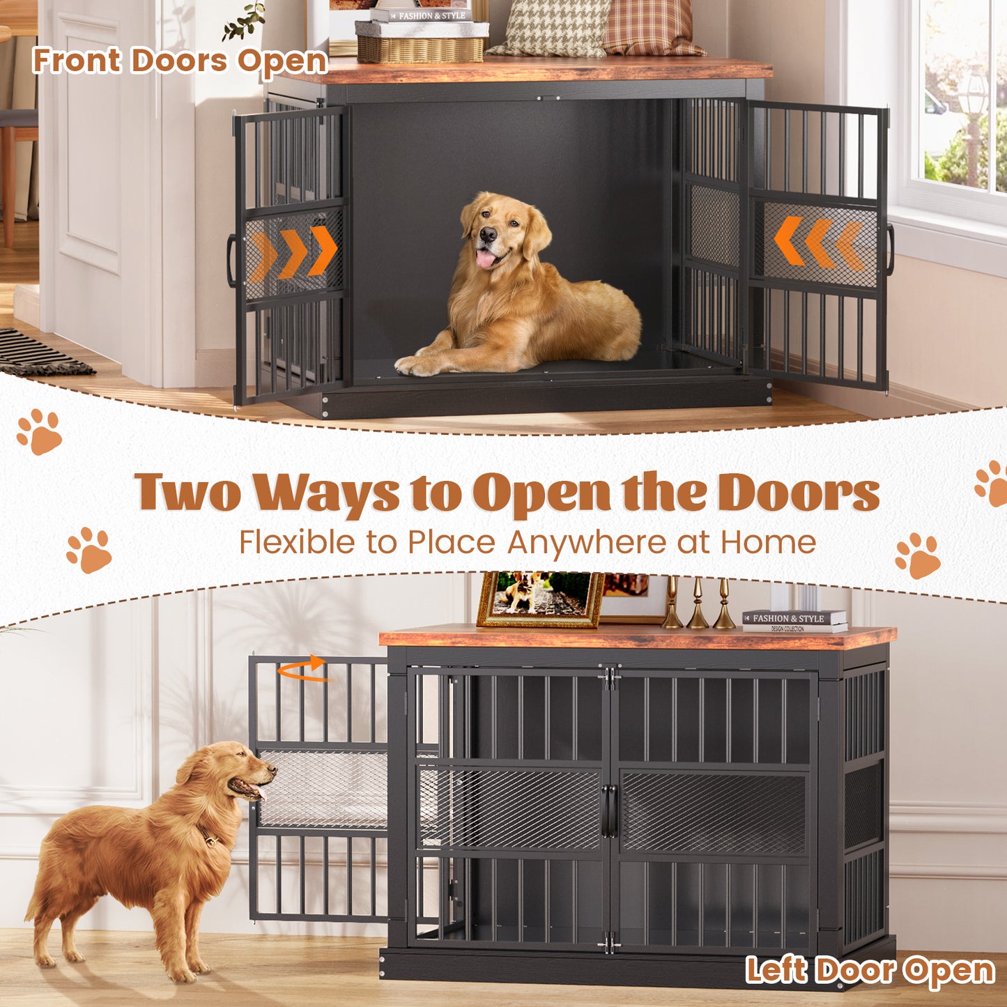 Flycity 40'' Modern Dog Crate Furniture with Double Door, Heavy Duty Dog Crate for Medium Large Dogs, Wooden Cage Kennel Furniture Indoor, Chew Resistant End Table for Living Room, Black