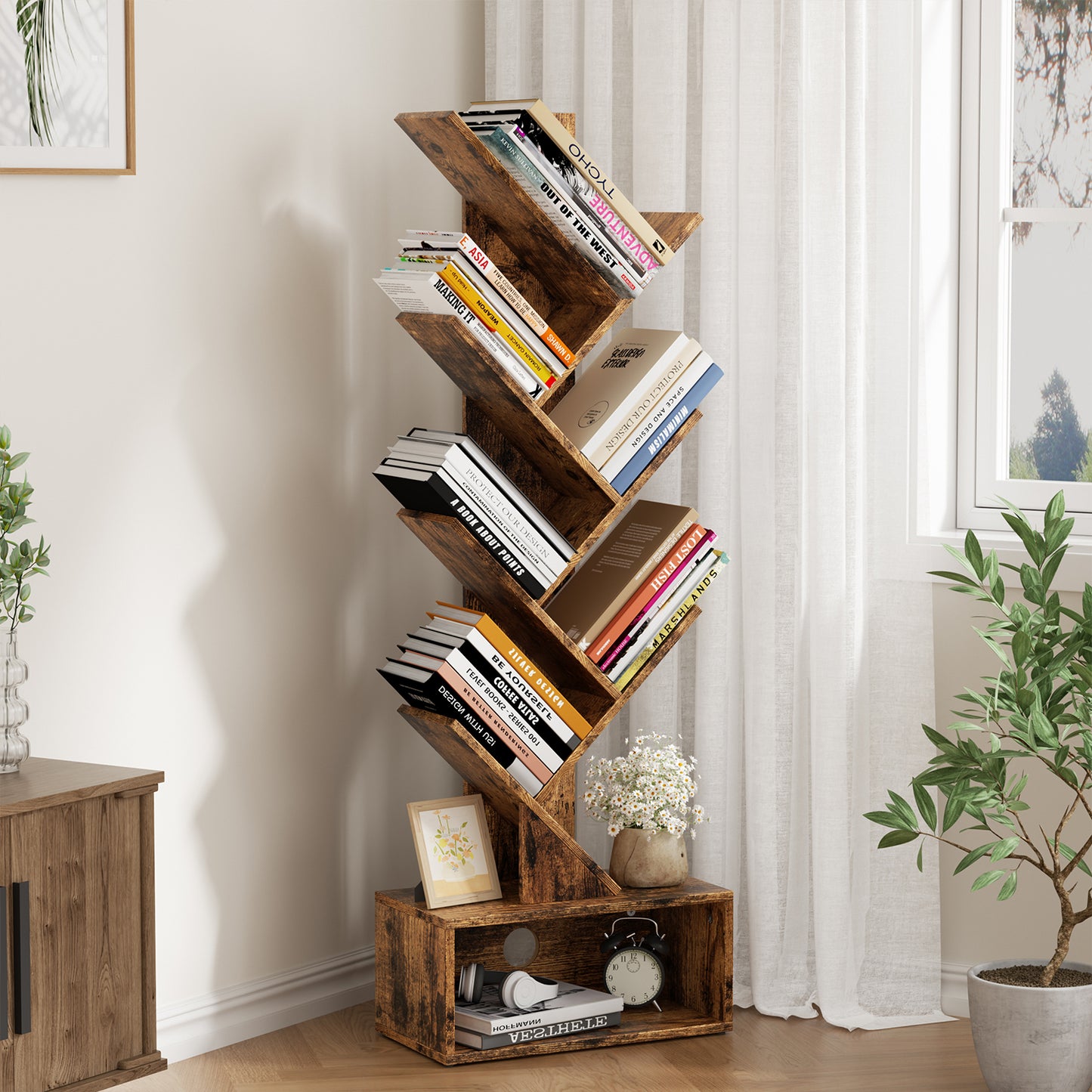 Flycity 6 Tier Tree Bookshelf, Space Saving Wood Bookshelves Organizer for CDs/Books/Movies, Floor Standing Storage Rack for Home Office, Living Room, Brown