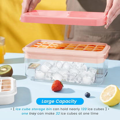KINGTACK Ice Cube Tray with Lid and Bin, 32 pcs Ice Cubes Molds, Ice Trays for Freezer, with 1 tray, Ice Freezer Container, Spill-Resistant Removable Lid & Ice Scoop, for Whiskey,Cocktail, Pink