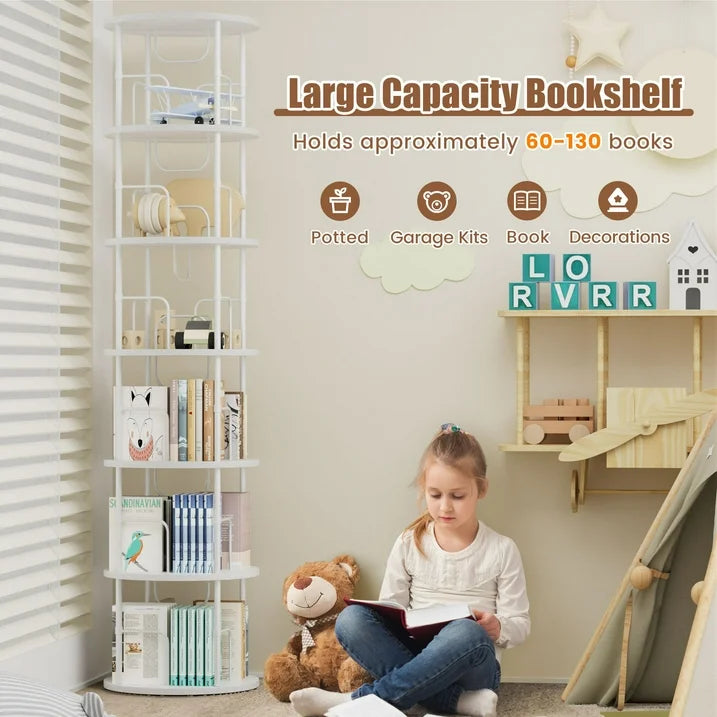 Flycity 6 Tier Rotating Bookshelf, 360° Display Rotating Bookcase Corner Storage Rack with Special Visible Partition Storage, White