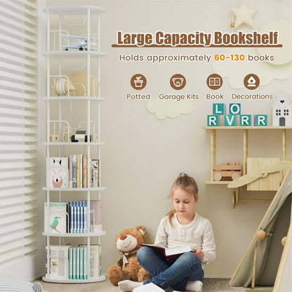 Flycity 6 Tier Rotating Bookshelf, 360° Display Rotating Bookcase Corner Storage Rack with Special Visible Partition Storage, White
