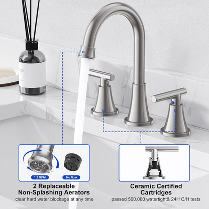 KINGTACK Bathroom Sink Faucet, Brushed Nickel Bathroom Faucets with Pop-up Drain and Supply Lines, Stainless Steel Lead-Free Widespread Faucet for Bathroom Sink Vanity RV Farmhouse Sink, 2 Pack