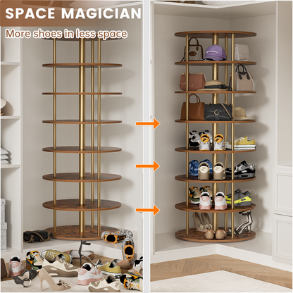 Flycity 7 Tier Rotating Shoe Rack Tower, 360° Spinning Shoe Organizer, Vertical Handbag & Shoe Carousel, Revolving Shoes Closet Storage Rack, Gold
