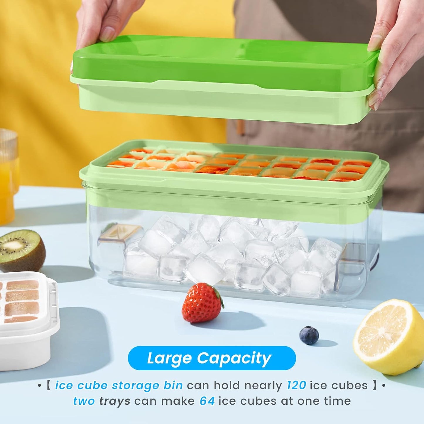 KINGTACK Ice Cube Tray, Ice Trays for Freezer, Ice Cube Tray With Lid and Bin, Making 64 pcs Ice Cubes, Chilling Cocktail, Whiskey, Coffee, with 2 trays, Ice Container, Scoop&Cover, BPA Free, Green