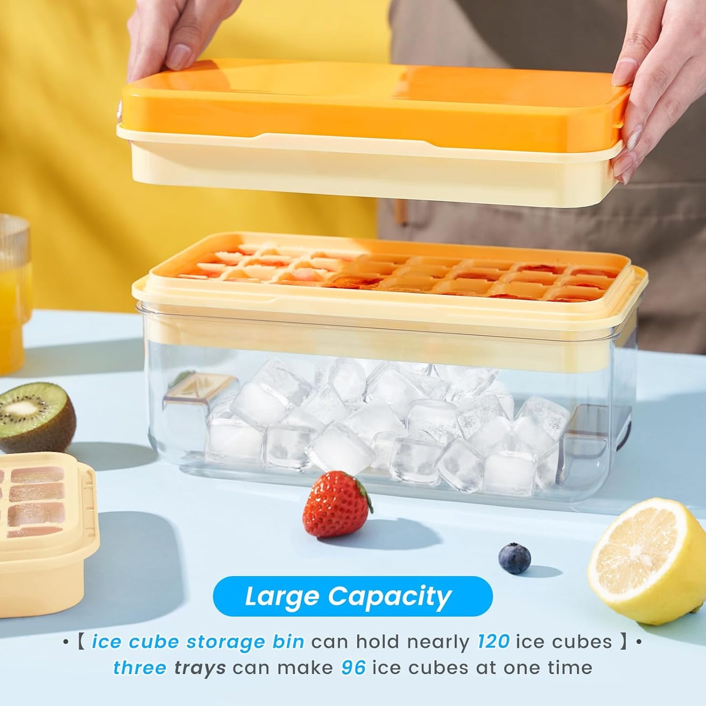 KINGTACK Ice Cube Tray with Lid and Bin, Ice Cube Tray Molds, 96(4 * 8 * 3) pcs Ice Trays for freezer, Chilling Drinks, Whiskey & Cocktails, with Ice Container and Ice Scoop, BPA-Free, Yellow