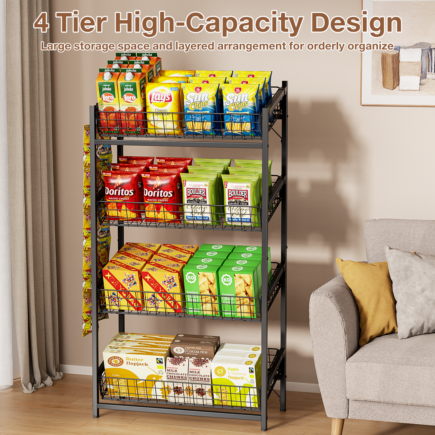 Flycity 4 Tier Retail Display Shelf, Snack Organizer with 2 Hooks, Candy Organizer for Bedroom, Metal Wire Basket, Fruit Basket for Kitchen (13.8"D x 29.1"W x 54.3"H)