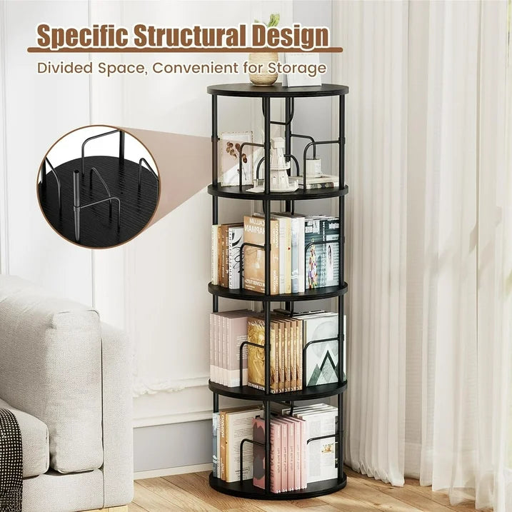 Flycity 4 Tier Rotating Bookshelf, 360° Display Rotating Bookcase Corner Storage Rack with Special Visible Partition Storage, Black