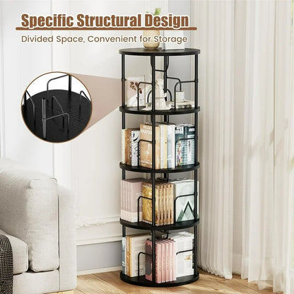 Flycity 4 Tier Rotating Bookshelf, 360° Display Rotating Bookcase Corner Storage Rack with Special Visible Partition Storage, Black