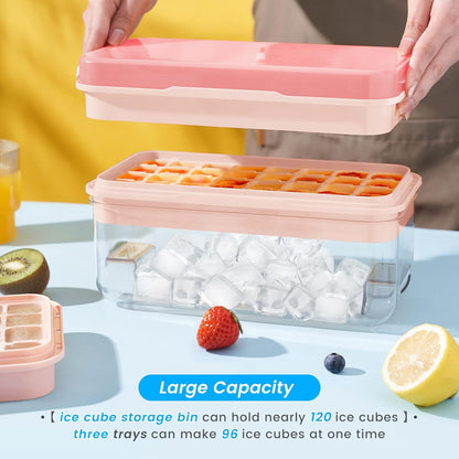 KINGTACK Ice Cube Tray with Lid and Bin, Ice Cube Tray Molds, 96(4 * 8 * 3) pcs Ice Trays for freezer, Chilling Drinks, Whiskey & Cocktails, with Ice Container and Ice Scoop, BPA-Free, Pink