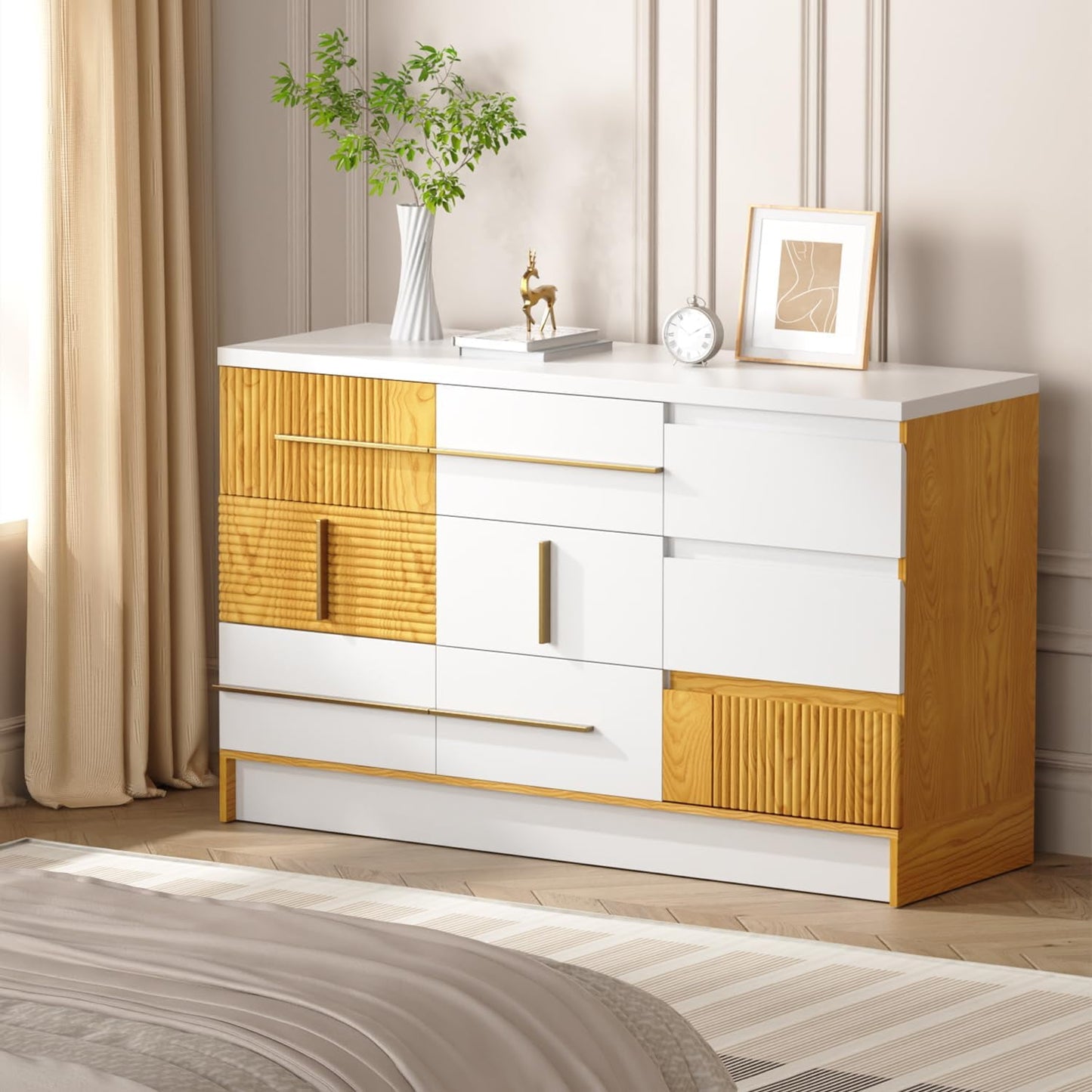 FLYCITY 9 Drawer 47.2'' Dresser for Bedroom, Modern Dresser Wood Storage Cabinet with Fluted Finish, Large & Long Dresser