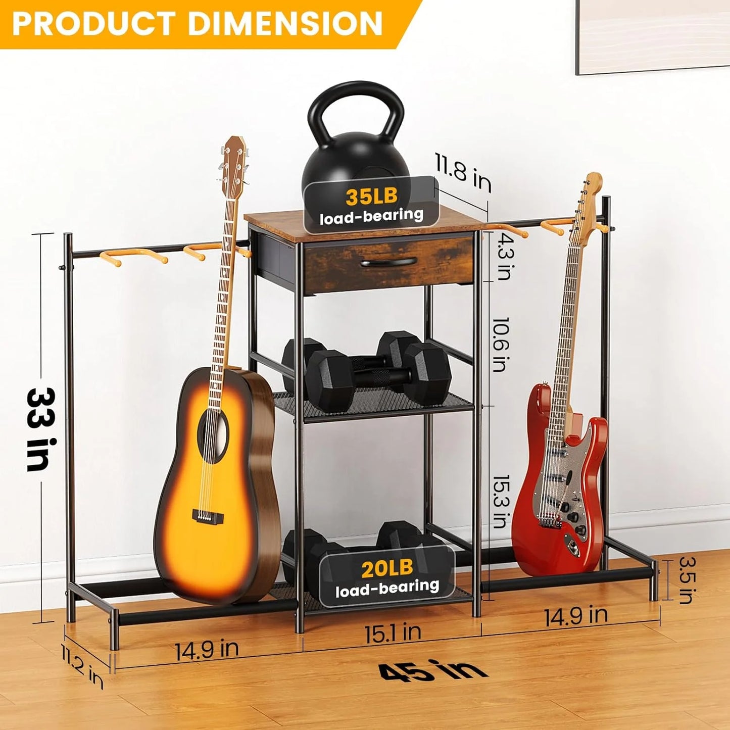 Flycity Guitar Stands Floor with 4 Guitar Holders, 3-Tier Guitar Rack with Amp Stand & Cloth Drawer, Floor Adjustable Guitar Holder Display for Music Room Home Studio