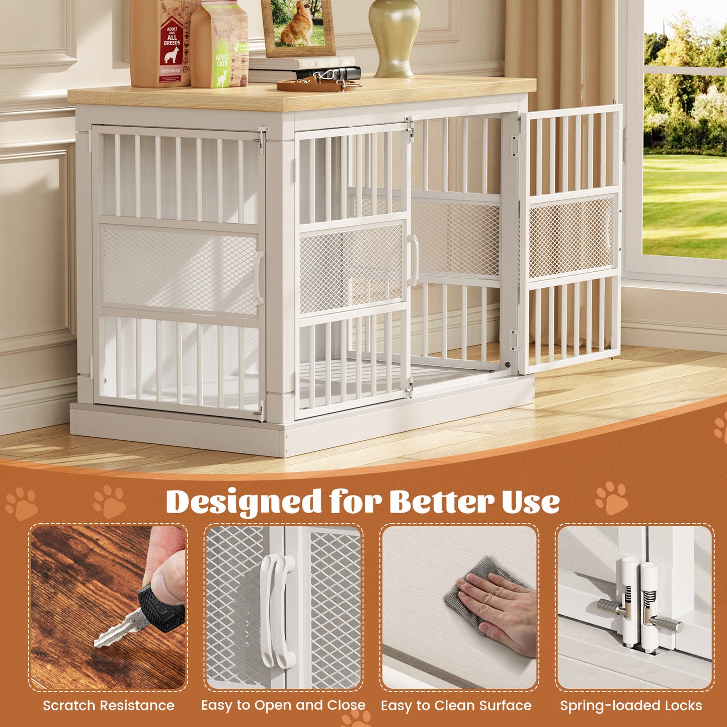 Flycity 40'' Modern Dog Crate Furniture with Double Door, Heavy Duty Dog Crate for Medium Large Dogs, Wooden Cage Kennel Furniture Indoor, Chew Resistant End Table for Living Room, White