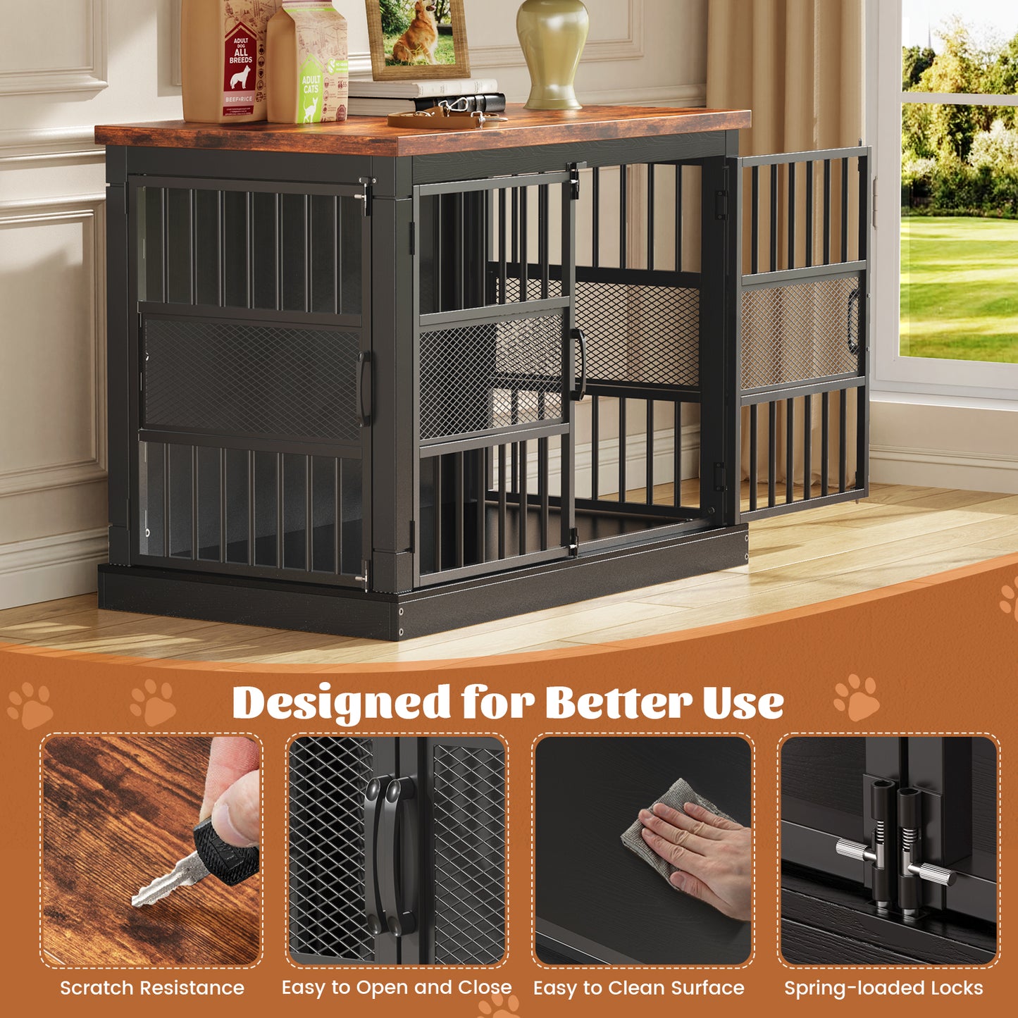 Flycity 40'' Modern Dog Crate Furniture with Double Door, Heavy Duty Dog Crate for Medium Large Dogs, Wooden Cage Kennel Furniture Indoor, Chew Resistant End Table for Living Room, Black
