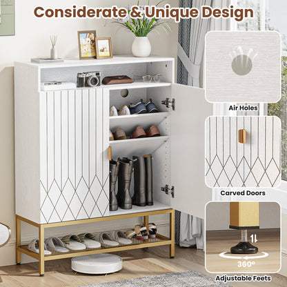 Flycity Modern Shoe Cabinet with Doors, 7-Tier Shoe Rack Organizer Cabinet with Adjustable Shelves & Buffer Hinge, Freestanding Storage with Anti-Tip Fitting for Entryway, Hallway