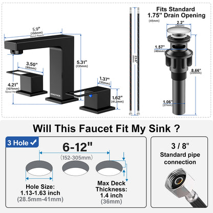 KINGTACK Matte Black Bathroom Faucet 3 Hole, 8 inch Widespread Bathroom Faucet with Pop Up Drain, 2 Handle Vanity Faucet with Water Supply Hoses