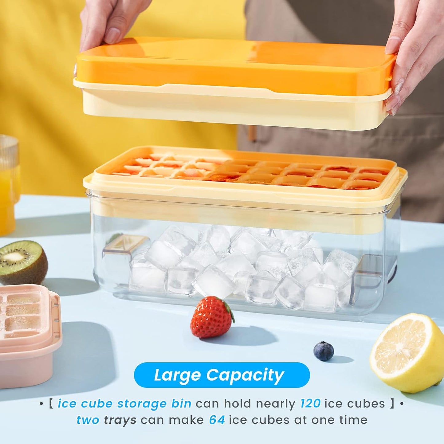 KINGTACK Ice Cube Tray, Ice Trays for Freezer, Ice Cube Tray With Lid and Bin, Making 64 pcs Ice Cubes, Chilling Cocktail, Whiskey, Coffee, with 2 trays, Ice Container, Scoop&Cover, BPA Free, Yellow