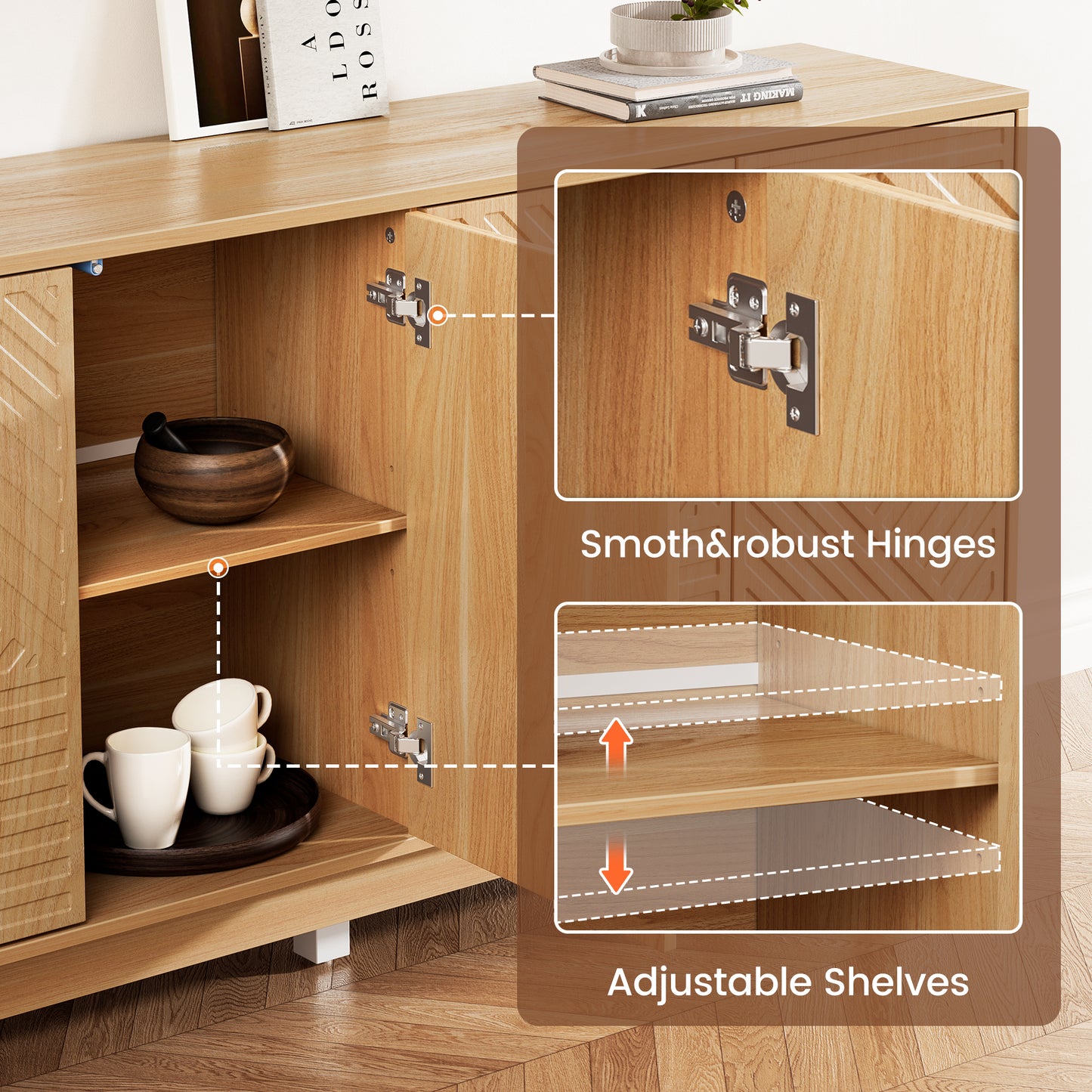 Flycity Sideboard Buffet Cabinet with Storage, 60" Modern Storage Cabinet with 4 Doors & Adjustable Shelves, Wood Console Table Accent Cabinet with Geometric Pattern for Kitchen, Living Room, Hallway