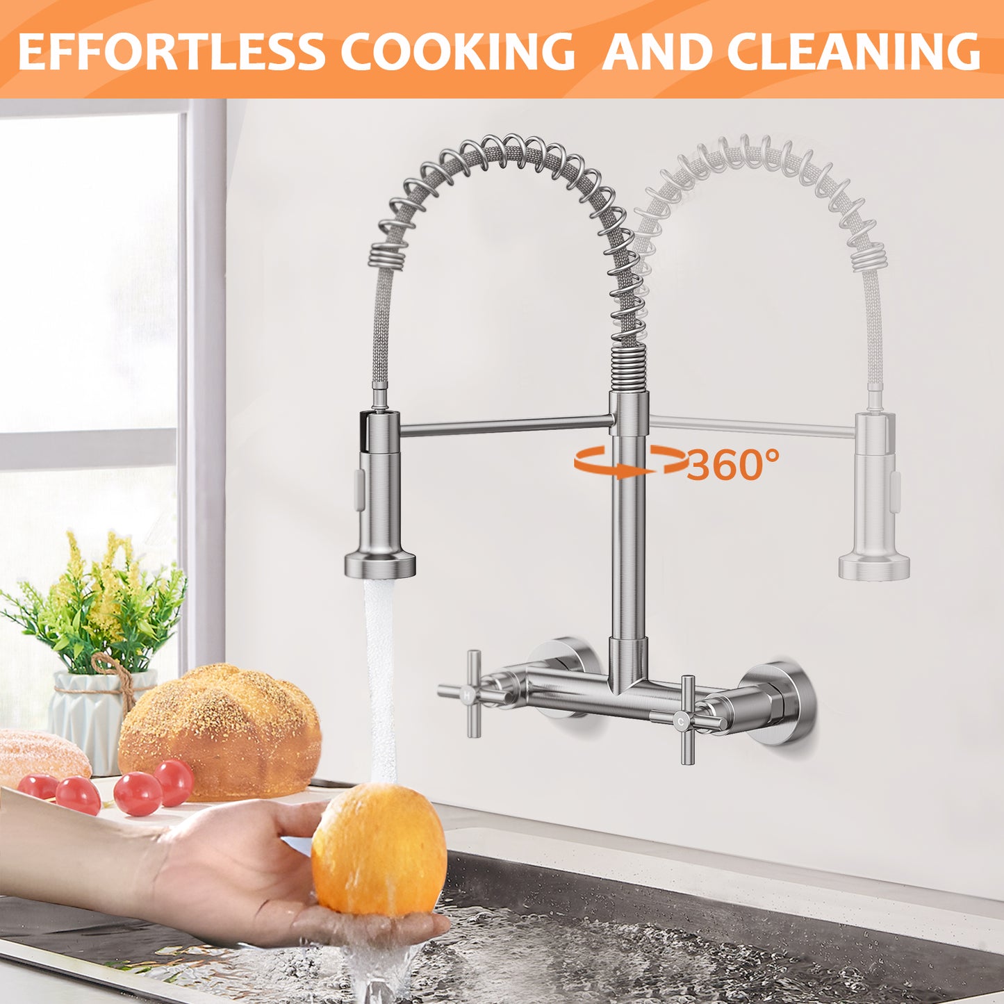 KINGTACK Wall Mount Kitchen Faucet,8 inch Commercial Sink Faucet with Sprayer, Dual Handles Utility Sink Faucet for Kitchen Laundry Restaurant,Stainless Steel