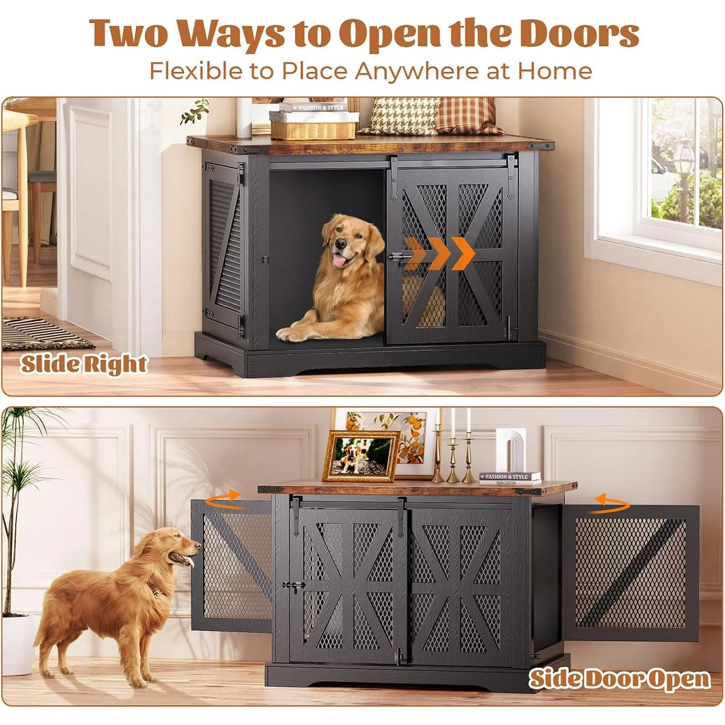 Flycity 39.4''Farmhouse Dog Crate Furniture with Sliding Door, Heavy Duty Dog Crate for Medium Large Dogs, XL Dog Kennel Indoor with Three Doors, Chew Resistant End Table for Living Room, Black