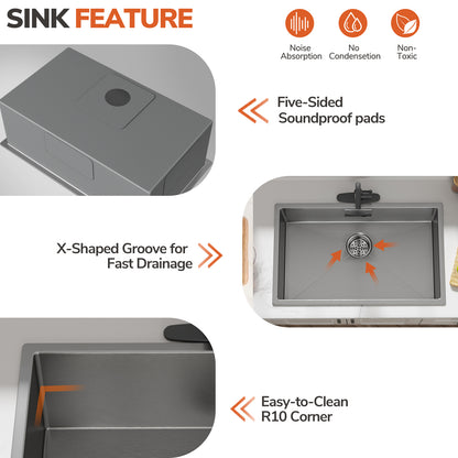 KINGTACK 30-inch Undermount Kitchen Sink, 304 Stainless Steel Drop in Sinks, Workstation Single Bowl Basin Sink Set with 4 Sink Accessories