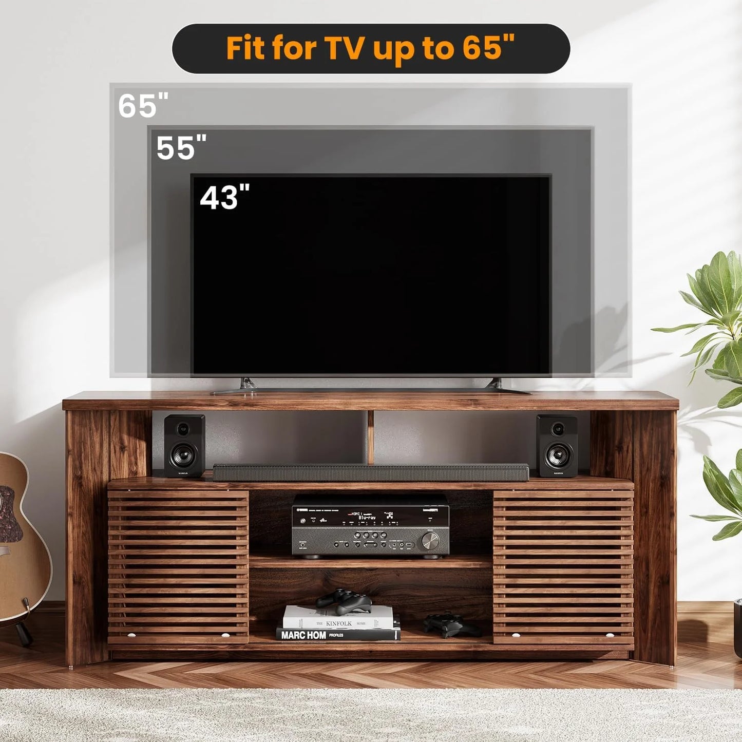 Flycity Mid Century Modern TV Stand for 55 60 65 Inch TVs, Entertainment Center with Sliding Doors & Storage, Wood Media Console for Living Room/Bedroom, Walnut Credenza TV Cabinet
