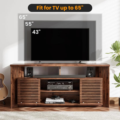 Flycity Mid Century Modern TV Stand for 55 60 65 Inch TVs, Entertainment Center with Sliding Doors & Storage, Wood Media Console for Living Room/Bedroom, Walnut Credenza TV Cabinet