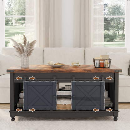 Flycity 48" Farmhouse Lift Top Coffee Table with Storage Sliding Barn Door, Lifting Tabletop Rustic Center Table with Large Hidden Compartment for Living Room, White & Brown