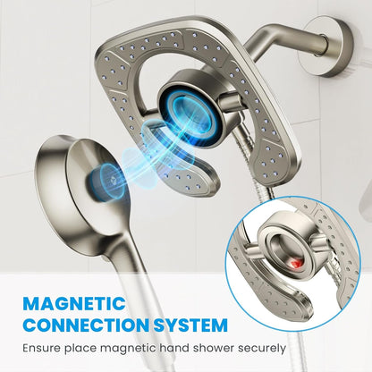 KINGTACK High Pressure Shower Heads, 7.2Inch 2 in 1 Rainfall Shower head & Handheld Showers with Magnetic Docking System, 10-Setting Handheld Shower Head with 59" Rotatable Stainless Steel Hose