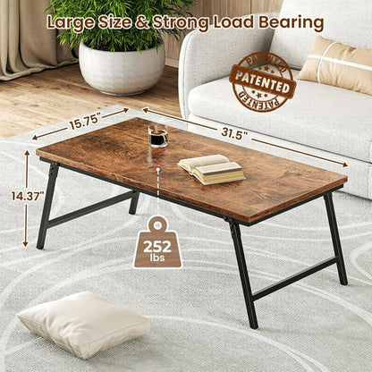 Flycity No Assembly Mini Folding Coffee Table, Leg Latches Portable Sturdy Floor Table Desk for Sitting on The Floor, Low Coffee Table for Living Room, Home, Office, Rustic Brown, 31.5"×15.75"×14.37"