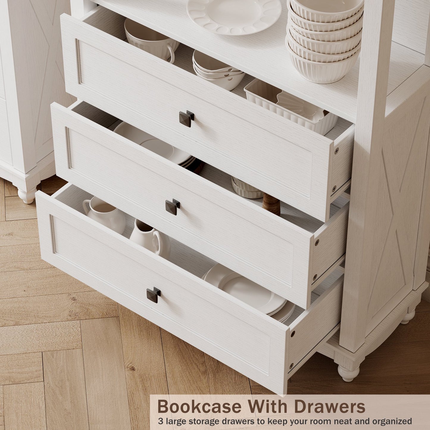 Flycity 71 Inch Tall Bookshelf, 6 Tiers Farmhouse Bookcase with Drawers and Shelves, Kitchen Storage Cabinet, Rustic Freestanding Display Bookshelves for Bedroom Living Room