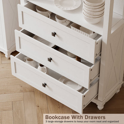 Flycity 71 Inch Tall Bookshelf, 6 Tiers Farmhouse Bookcase with Drawers and Shelves, Kitchen Storage Cabinet, Rustic Freestanding Display Bookshelves for Bedroom Living Room